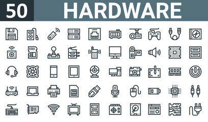 set of 50 outline web hardware icons such as diskette, music player, remote control, server, ethernet, quality, projector vector thin icons for report, presentation, diagram, web design, mobile app.