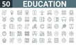 set of 50 outline web education icons such as scroll, idea, pencil case, idea, geometry, pawn, bookshelf vector thin icons for report, presentation, diagram, web design, mobile app.