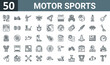 set of 50 outline web motor sports icons such as racing car, motorbike, winner, motorbike, race track, start, monster truck vector thin icons for report, presentation, diagram, web design, mobile