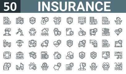 Wall Mural - set of 50 outline web insurance icons such as home insurance, travel insurance, life money bag, travel vector thin icons for report, presentation, diagram, web design, mobile app.