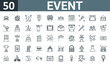set of 50 outline web event icons such as car, disco ball, spotlight, art, firework, audience, date vector thin icons for report, presentation, diagram, web design, mobile app.