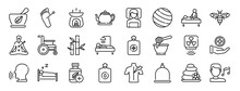 Set Of 24 Outline Web Theraphy Icons Such As Herbal, Acupuncture, Aromatherapy, Tea Pot, Spa, Exercise, Massage Vector Icons For Report, Presentation, Diagram, Web Design, Mobile App