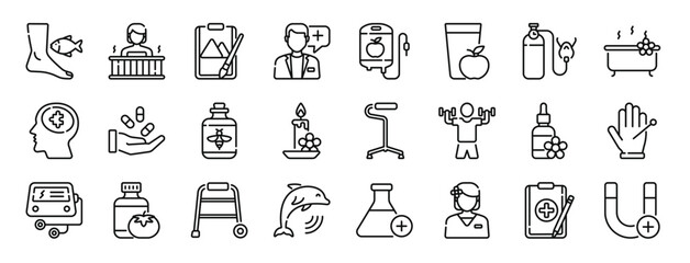 set of 24 outline web theraphy icons such as fish, warm water, art therapy, doctor, iv, juice, oxygen tank vector icons for report, presentation, diagram, web design, mobile app