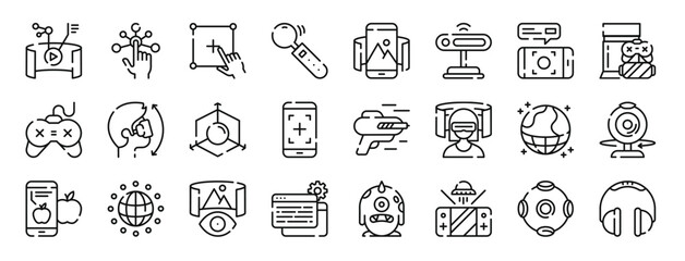 Wall Mural - set of 24 outline web virtual reality icons such as video, interactivity, edit, joystick, virtual reality, sensor, virtual reality vector icons for report, presentation, diagram, web design, mobile