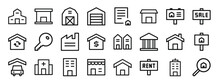 Set Of 24 Outline Web Building Icons Such As Villa, Real Estate, Barn, Garage, Contract, Temple, Real Estate Vector Icons For Report, Presentation, Diagram, Web Design, Mobile App