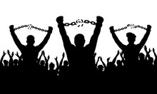 Silhouette Of Men Break Chain Of Handcuffs On Background Of Cheerful Crowd People. Concept Of Freedom. Vector Illustration.