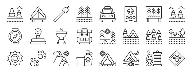 Wall Mural - set of 24 outline web scouts icons such as outdoors, tent, marshmallow, trees, car, rank, forest vector icons for report, presentation, diagram, web design, mobile app