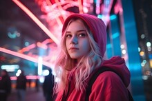 A Young Blonde Girl In A Red Jacket With A Hood And With A Backpack On The Street Of The Evening City Illuminated By Neon Light