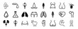 set of 24 outline web body parts icons such as male, small syringe with large droplet of fluid, male, e pointed variant with mustache, standing human body shape, female torso, female hips and waist