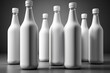 Row of white bottles with metal caps on sleek surface. Generative AI