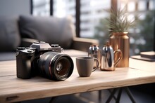 Close Up Copy Space For Product Display Photo Camera, Coffee On Wooden Table