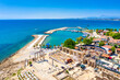 Aerial top drone view of ancient Side town with Apollon Temple, Antalya Province in Turkey