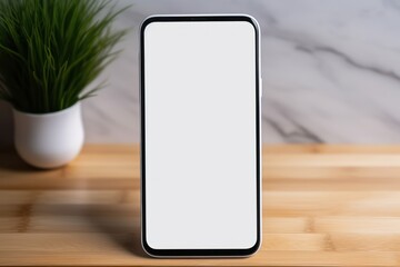 Wall Mural - Blank white screen smartphone on top of a table in a kitchen. AI generated