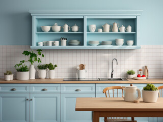 Wall Mural - Chic blue kitchen with farmhouse charm. AI Generated.