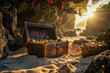 Pirate treasure chest on a deserted island, evoking dreams of adventure and riches from a bygone era