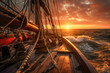 View from a pirate sailing ship sailing towards the setting sun