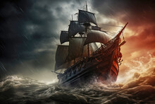 Pirate Ship Under A Dramatic Stormy Sky, With Dark Clouds And Crashing Waves