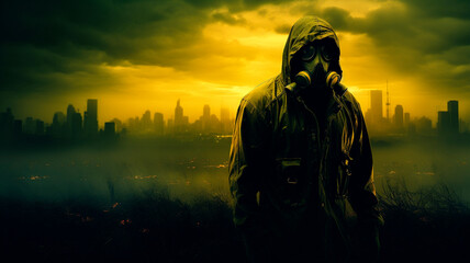 stalker in a respirator against the background of a radioactive explosion. the city under the chemic