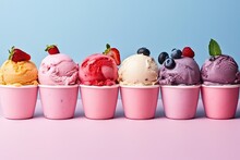 Row Of Cups Filled With Different Flavors Of Ice Cream On A Blue Background.