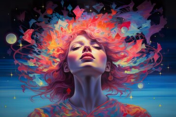 abstract vibrant colourful portrait of fantasy woman, sensuality and tenderness, creative design concept, generative AI