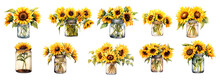 Watercolor Sunflower Flowers In A Glass Jar Set Transparent Background. Beautiful Painting Flowers Of Sunflowers In A Jar Png Bundle