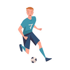 Wall Mural - Man Footballer in Blue Uniform Playing Football Pass Ball Vector Illustration