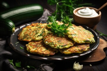 Wall Mural - Vegetable pancakes with herb dip