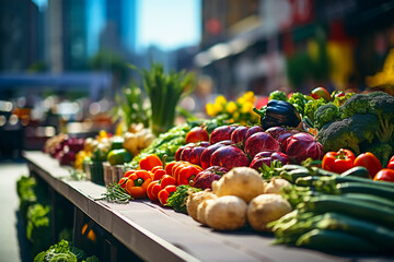 Local market with fresh farm products. Vegetables and herbs close-up on street counter