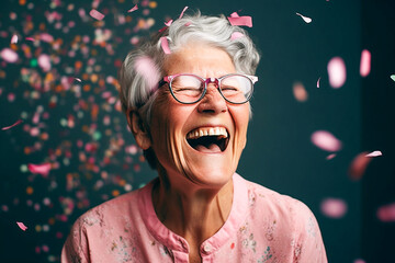 Wall Mural - Happy laughing senior woman granny grandmother with sun glasses and falling confetti on pink background. Modern old lady with smile. Generative AI.