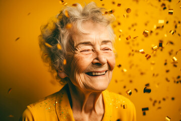 Canvas Print - Happy laughing senior woman granny grandmother with sun glasses and falling confetti on pink background. Modern old lady with smile. Generative AI.