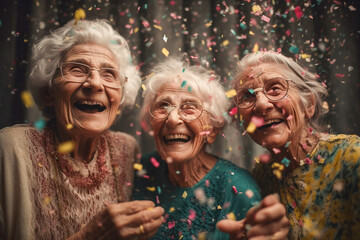 Wall Mural - Happy laughing senior older people grandad grandpa grandma and falling confetti on teal blue background. Modern old friends with smile celebrating at party, silent disco, cyberspace.. Generative AI.