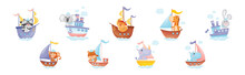 Cute Animals In Sailor Hats Boating And Sailing Vector Set