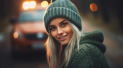 teenage girl or young adult woman with blond long hair wears green knitted sweater and winter hat, good mood smile, crosses a small street in a small town, everyday life, car in the background