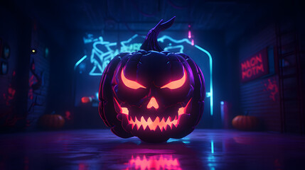 Wall Mural - Halloween scary pumpkin neon lights rtx background picture