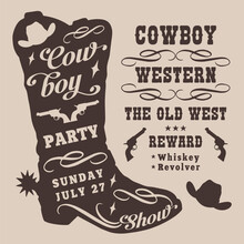 Cowboy Party Vintage Sticker Monochrome