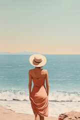 Wall Mural - vintage woman at beach, neutral tones