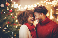 Closeup Photo Of Cute Couple Spending Holly Christmas Eve In Decorated Garland Lights House Near Chrismas Tree Outdoors