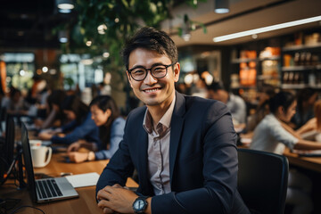 happy asian male Software Developer in a modern office