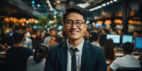 happy asian male Software Developer in a modern office
