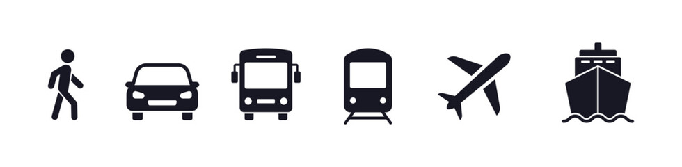 Transport icons set. Auto, bus, train, ship, plane and on foot. Public, travel and delivery transport icons. Vector illustration.