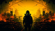 Stalker in a respirator against the background of a radioactive explosion. The city under the chemical cloud Background. High quality illustration