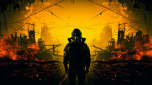 Stalker In A Respirator Against The Background Of A Radioactive Explosion. The City Under The Chemical Cloud Background. High Quality Illustration