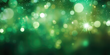 Bokeh Background In Green In The Style Of Confetti Like Dots. Glitter And Diamond Dust. AI Generated