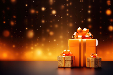 Wall Mural - Christmas gift boxes on background bokeh blur lights and illumination. AI generated