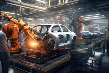 Fototapete - Robotic arm for electronic assembly line. Smart modern factory automation using advanced machines.
