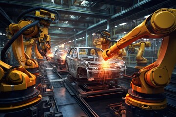 Fototapete - Robotic arm for electronic assembly line. Smart modern factory automation using advanced machines.