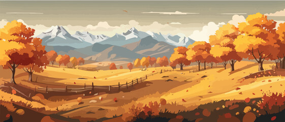 Wall Mural - Countryside panorama in autumn, vector horizontal banner of autumn landscape mountains and maple trees fallen with yellow foliage. simple vector