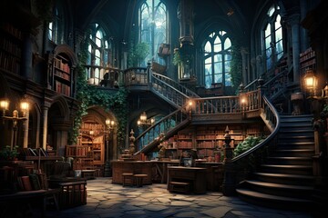  photo backdrop inside of an enchanted castle - magical fantasy universe - old books, shelves, winding stairs, plants, small lights and lanterns, crested windows - generative ai