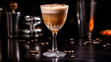 Rattlesnake Alcoholic Cocktail Drink With Coffee And Cocoa Liquor, Irish Cream, Ground Coffee And Ice In Glass, Dark Bar Counter Background, Bar Tools And Bottles
