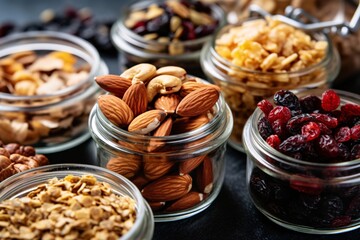 Wall Mural - Healthy Snack  Healthy food. Granola, nuts, dried cranberries, raisins, almonds in glass jars on black background